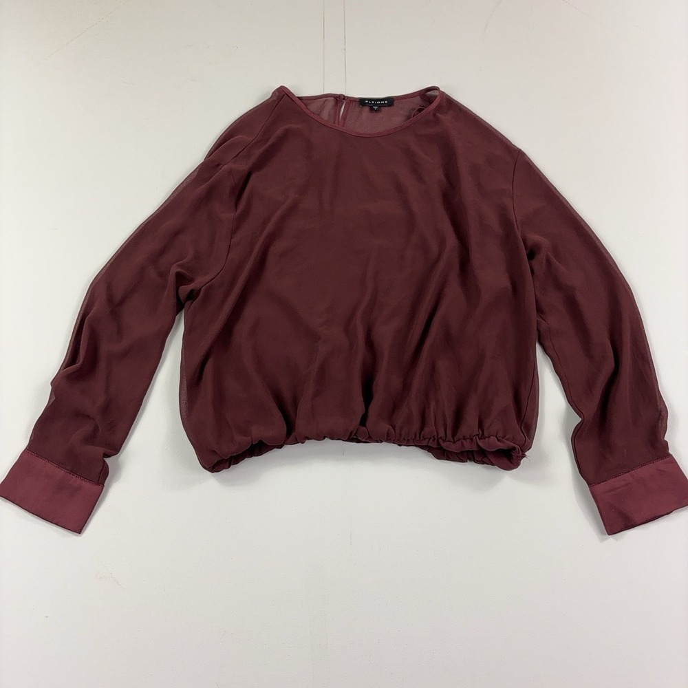 Anthropologie Pleione Blouse Womens L Round Neck Long Sleeve Sheer Chiffon Top